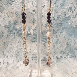 Purple crystal and pearl drop earrings